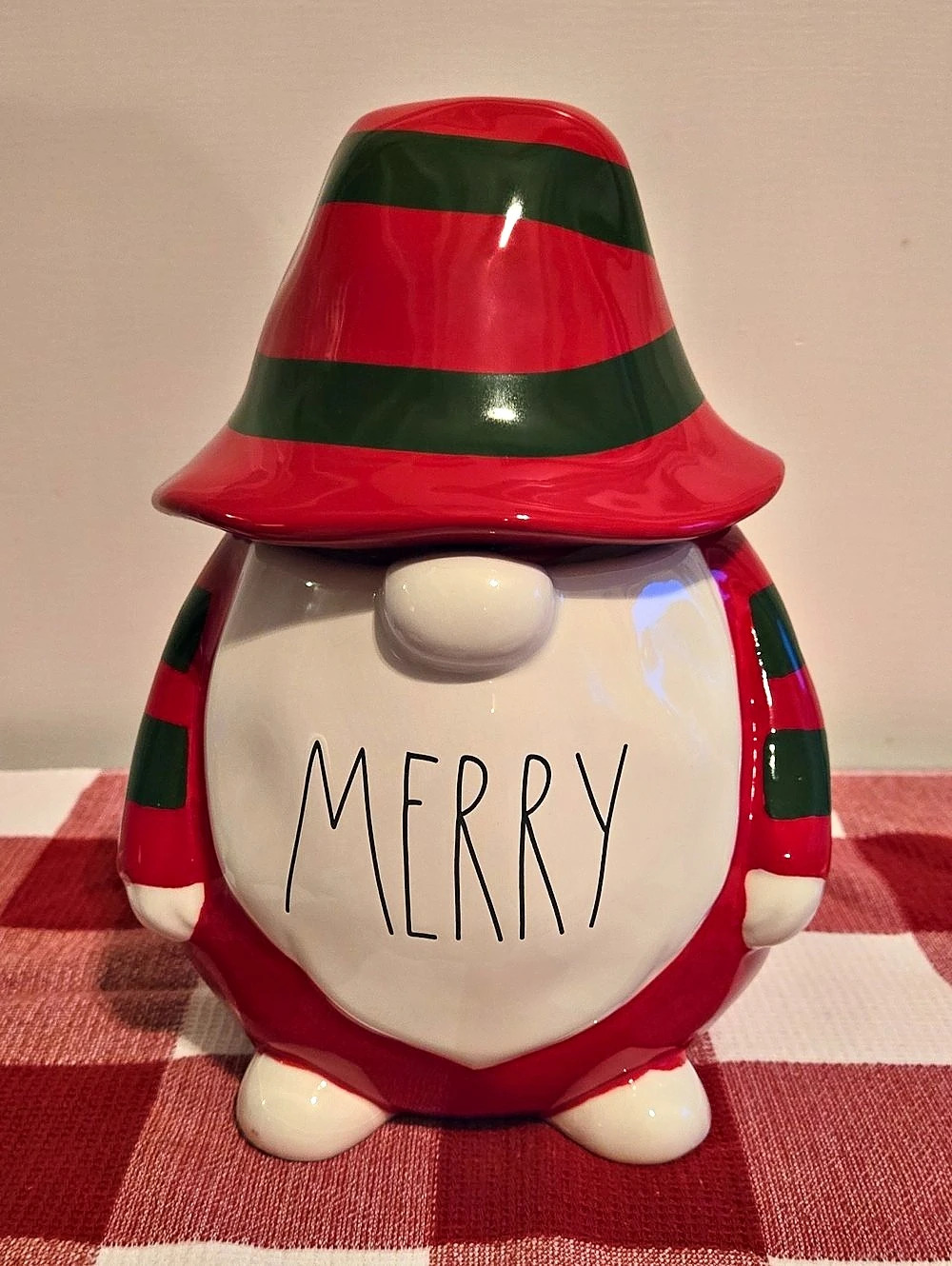 Rae Dunn Merry Christmas Gnome Cookie Jar Red & Green